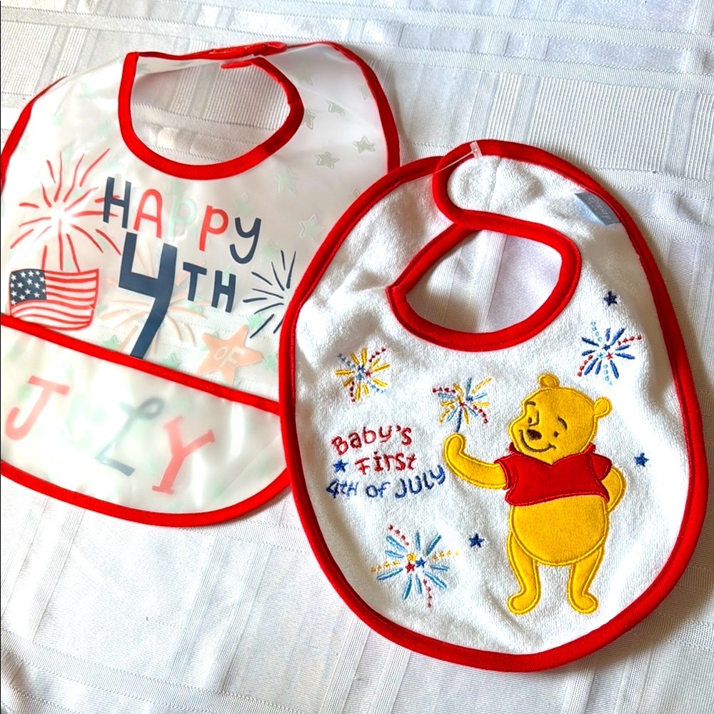 Disney Red and Yellow Winnie the Pooh and Chickpea 4th of July Bib set of 2